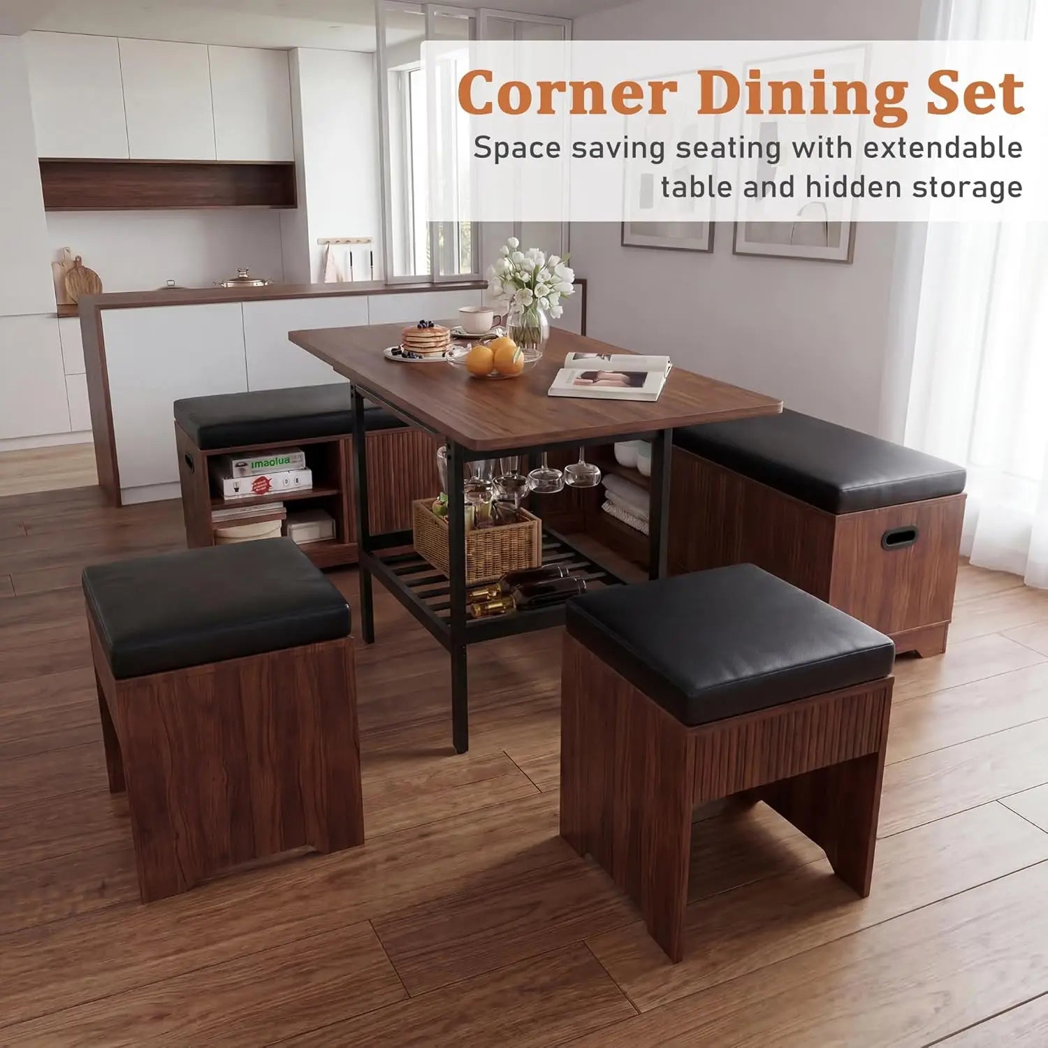 Corner dining set with extendable table and hidden storage in a modern kitchen.
