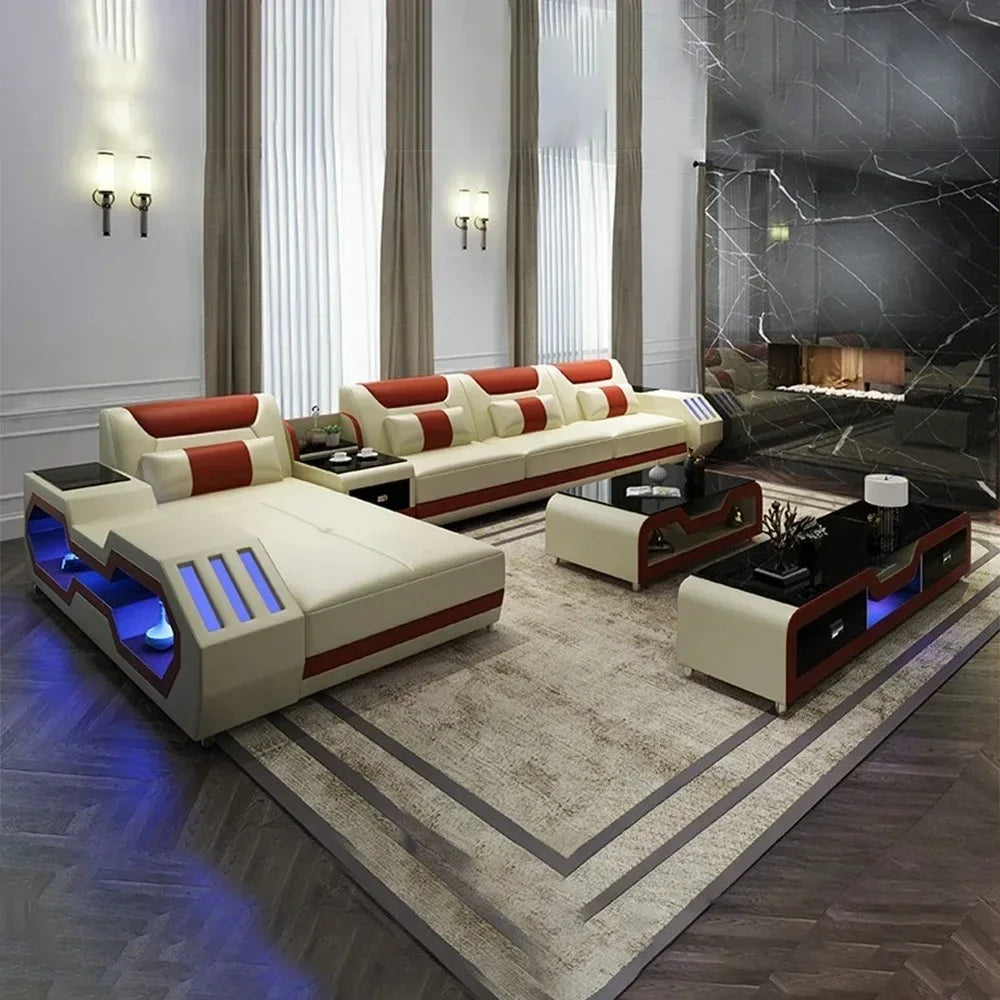 Modern living room with a stylish sectional sofa and coffee table.