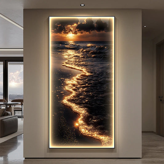 Large vertical artwork of a sunset over water in a modern living room.
