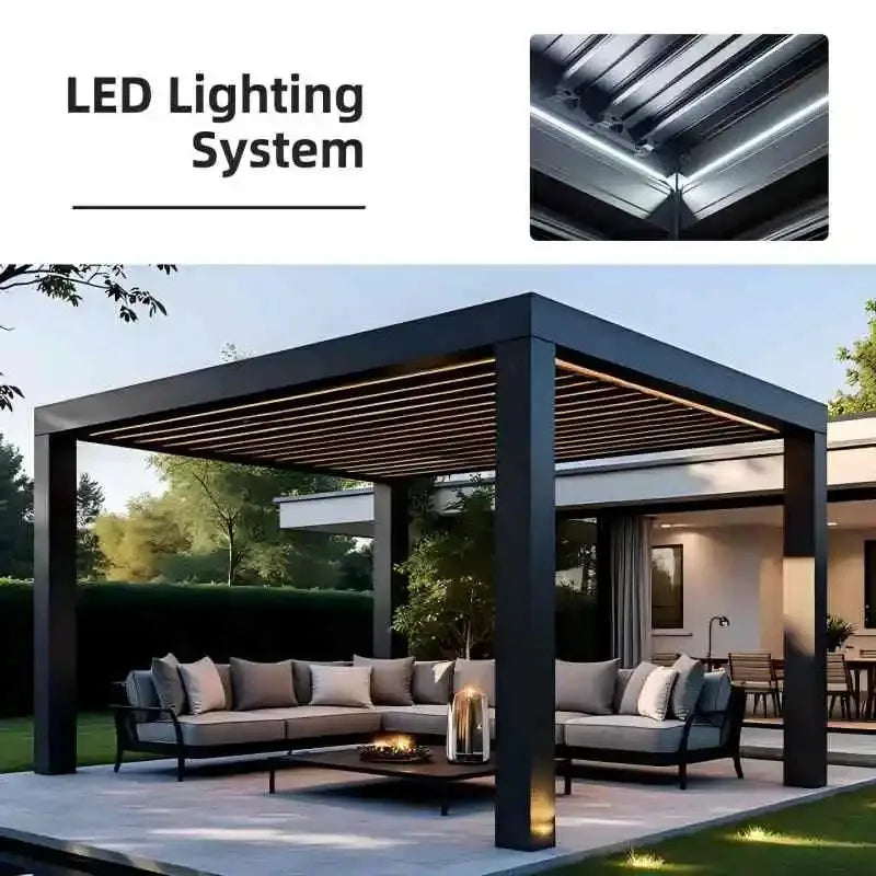 Custom aluminum pergola outdoor cover with LED lighting system in outdoor living space.