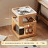 Wooden side table with dimensions and product display on a wooden floor. with coffee and a book on the top and other items on the table shelves