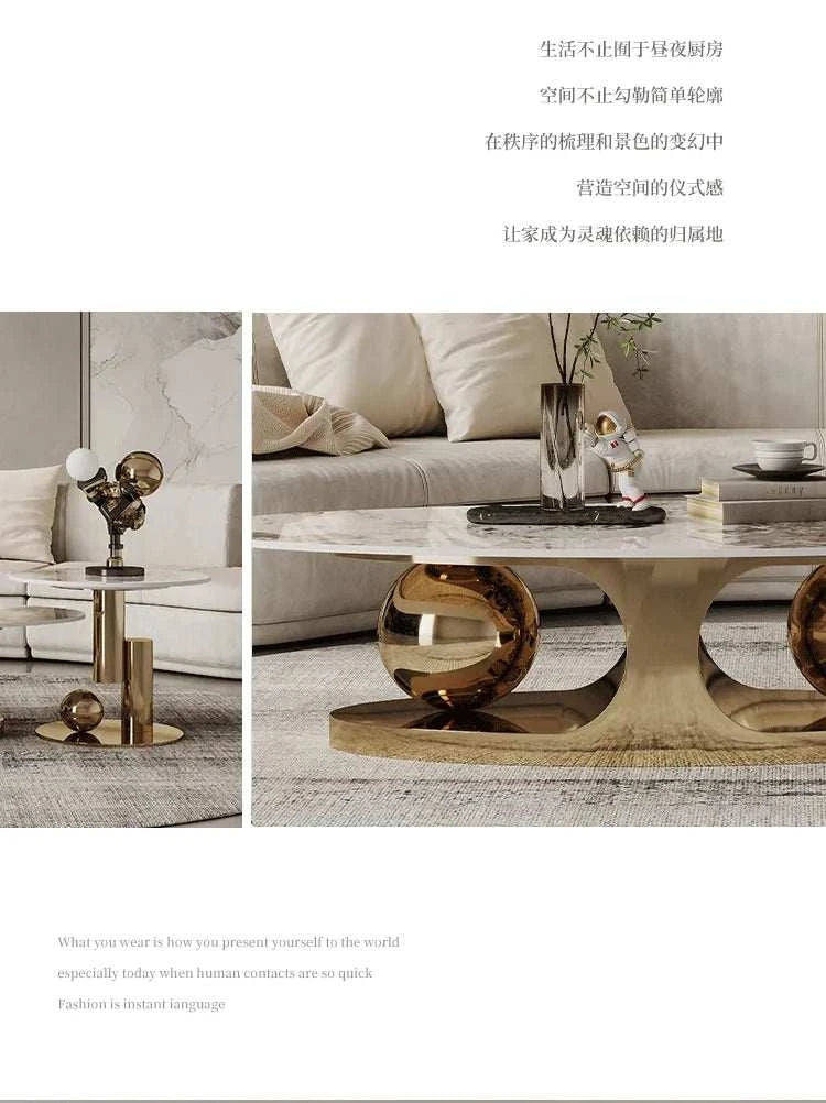 Modern living room with marble coffee table, decorative items, and neutral color scheme.