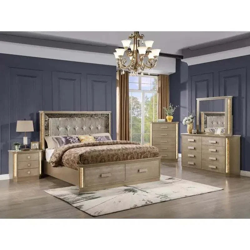 Gold wood bedroom set with Medusa-inspired design and luxurious modern style in a sophisticated bedroom setting
