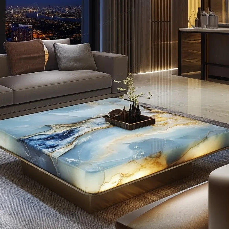 Luminous Jade & Marble Square Coffee Table | Minimalist Luxury - view 2