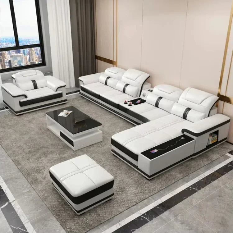 A Nordic Leather Sofa Combination Of Simple Modern Solid Wood Living Room Corner Sofa Multi-functional Storage Sofa Bed - view 2