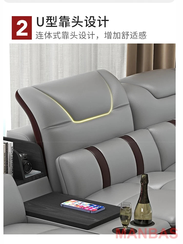 MANBAS Italian Genuine Leather Sectional Massage Sofa with Bluetooth, Speaker, Functional Headrest