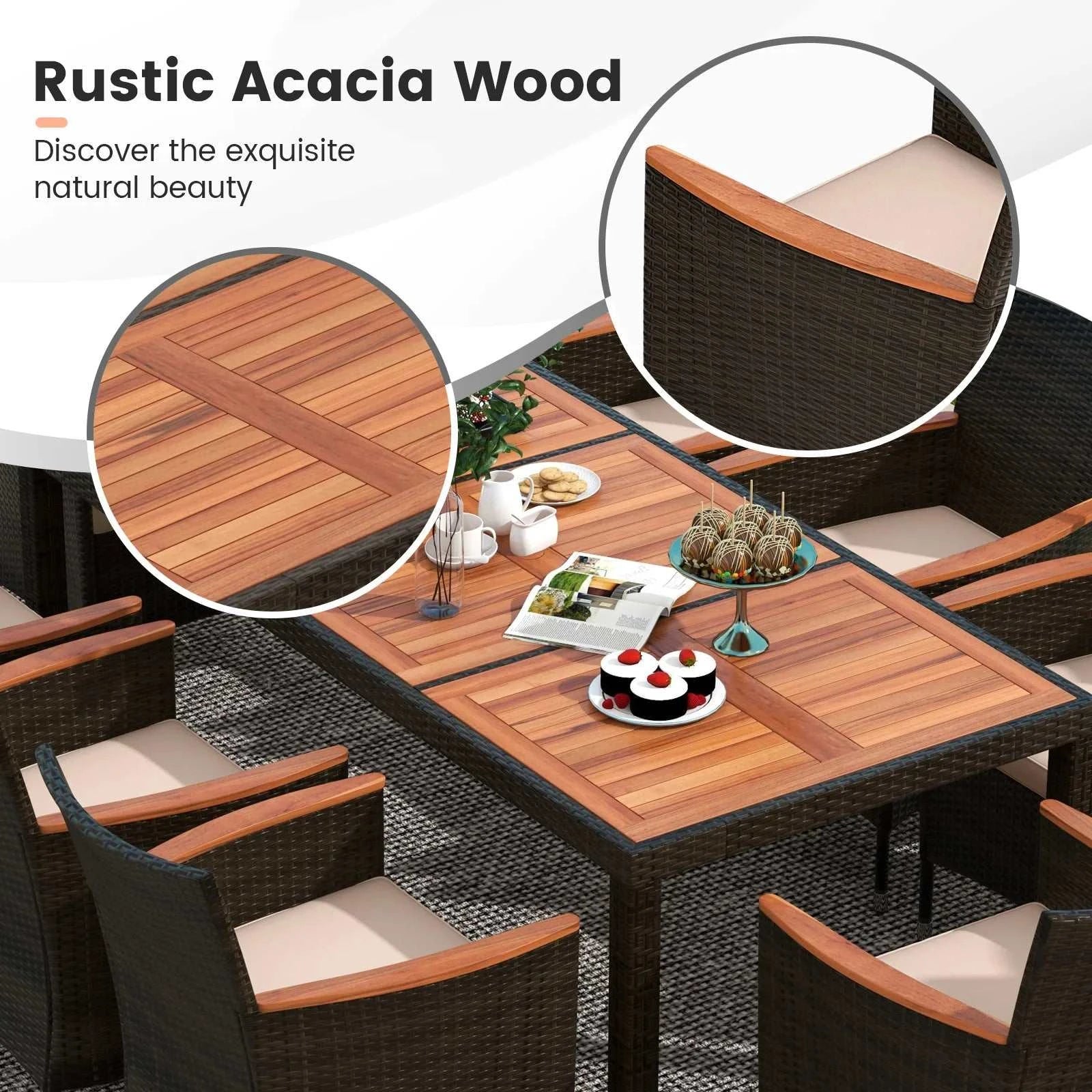 Outdoor dining set with rustic acacia wood table and chairs, highlighting material quality.