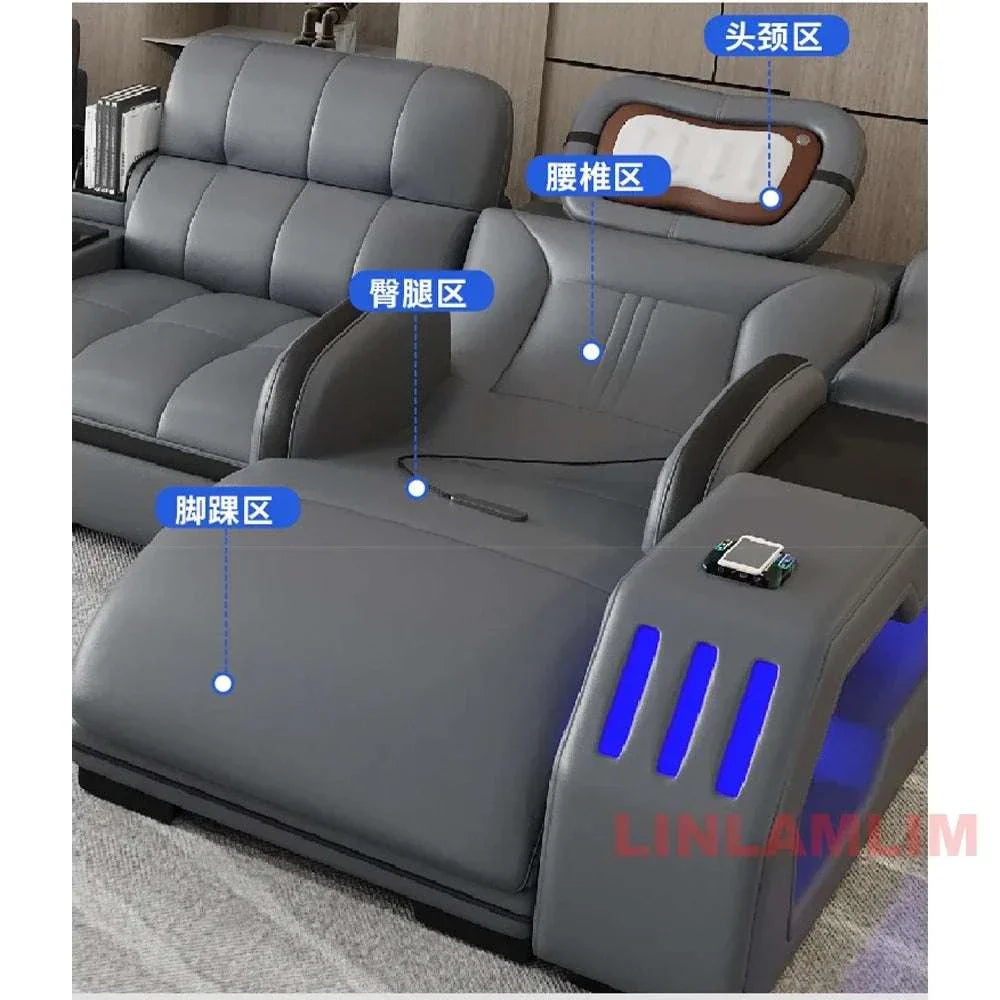 Modern sectional sofa bed with genuine leather, built-in LED lights, electric recliner, and massage function