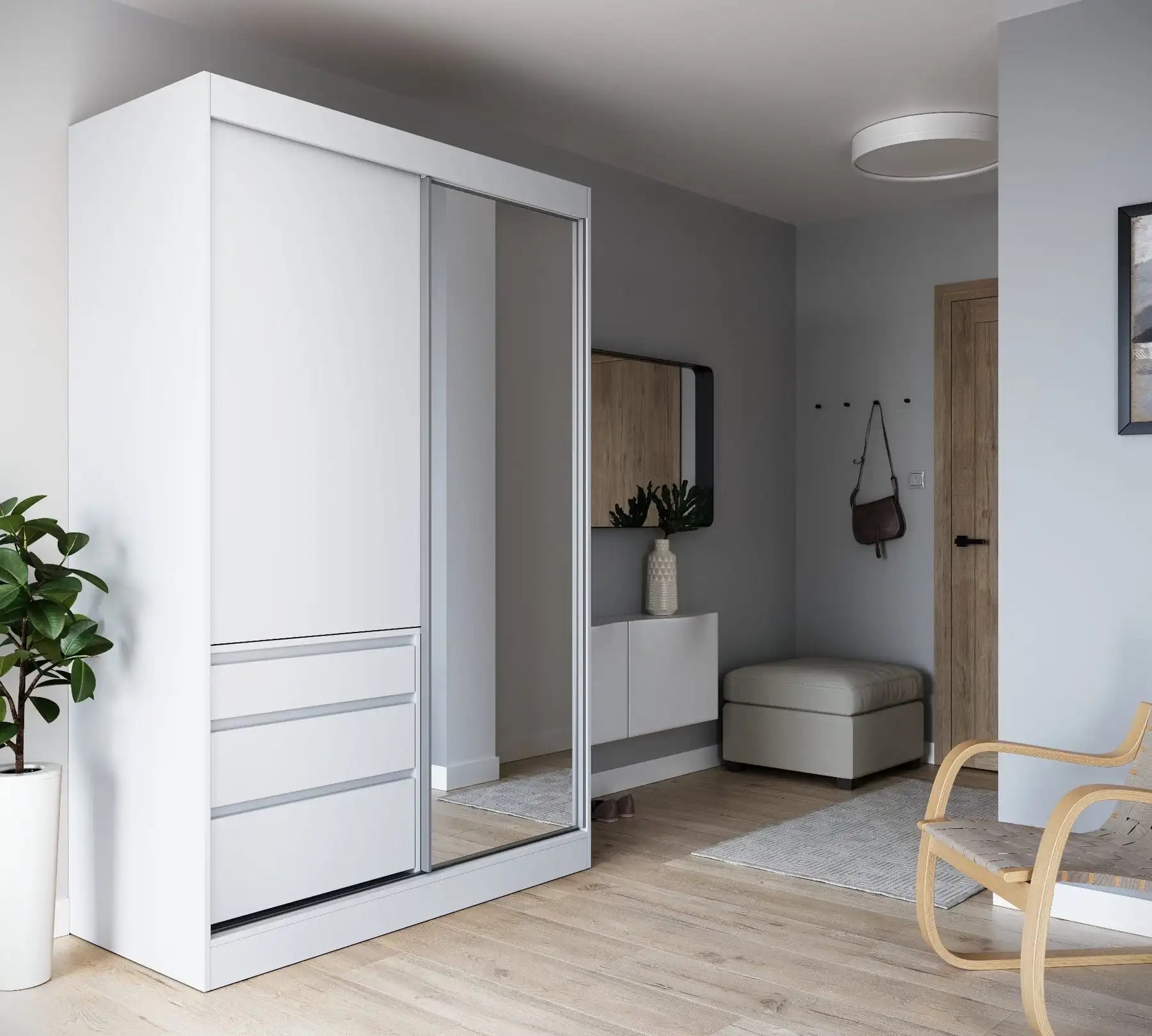 Custom walk-in wardrobe system with mirror, drawers, and modern design in a bright room.