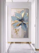 Large abstract floral painting in a modern hallway