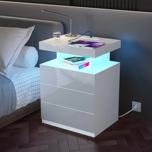 Nightstand with LED Light & 3 Drawers