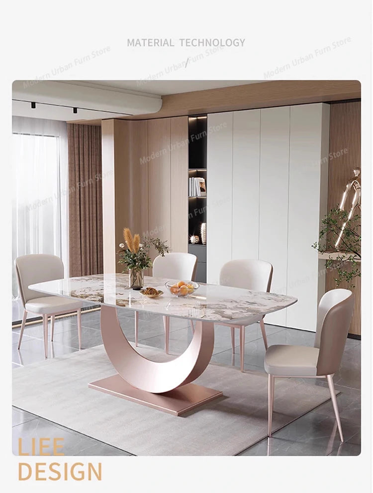 Luxury Nordic dining set with a modern design featuring a slate tabletop and minimalist chairs in an elegant dining room.