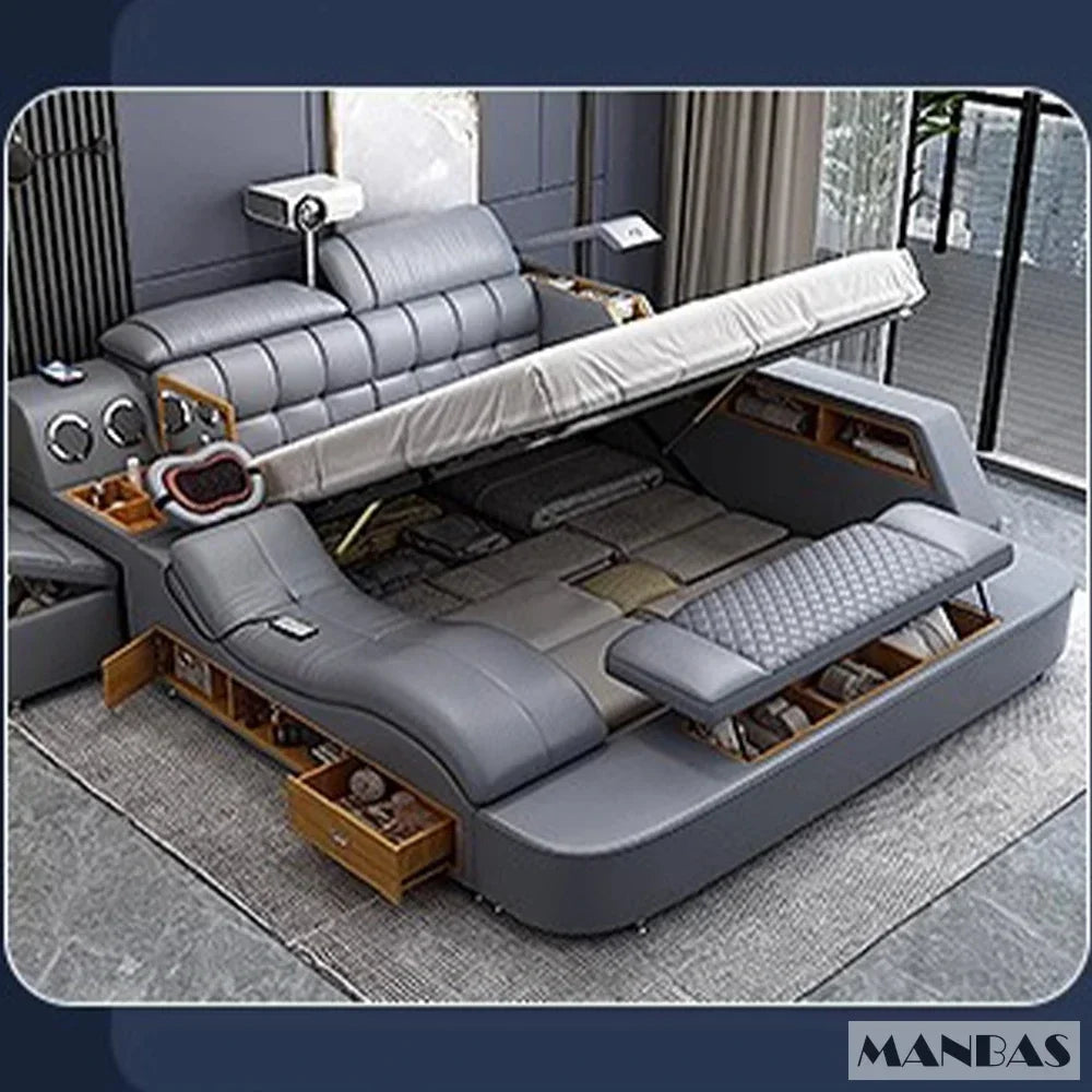 Gray sectional sofa with storage compartments in a modern living room setting.