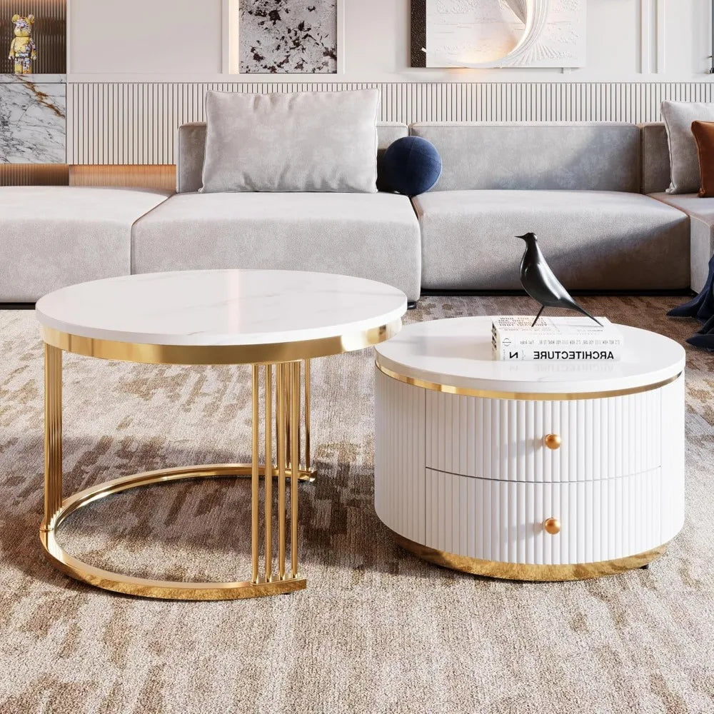Modern 27.6" Two-Tier Round Nesting Coffee Tables with Drawers in Gold and White