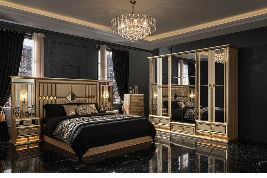 Luxury bedroom setting black marble floor and beautiful chandelier