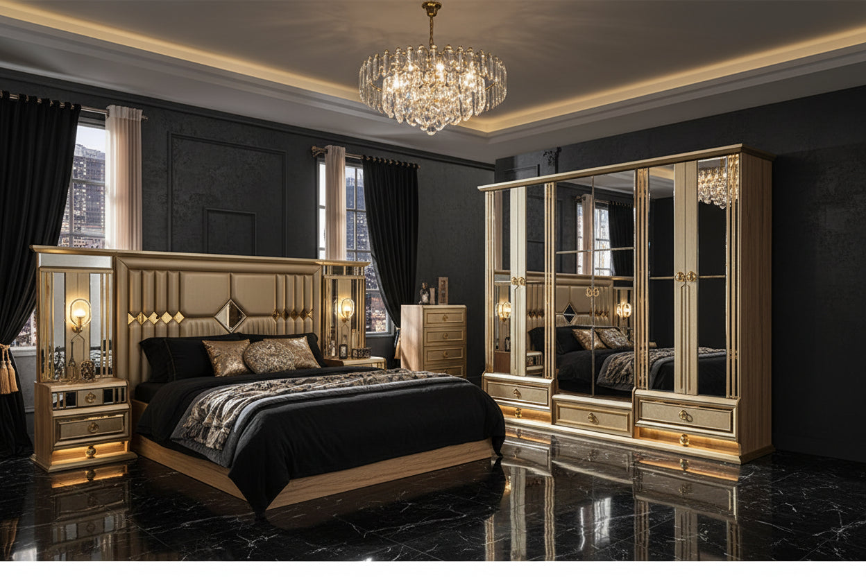 Luxury bedroom setting black marble floor and beautiful chandelier