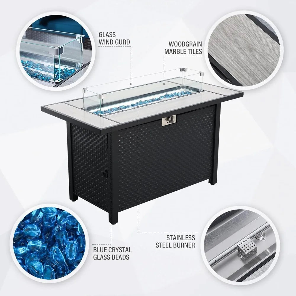 Features of the 7pc patio set with fire pit including glass wind guard, blue crystal glass beads, and stainless steel burner.