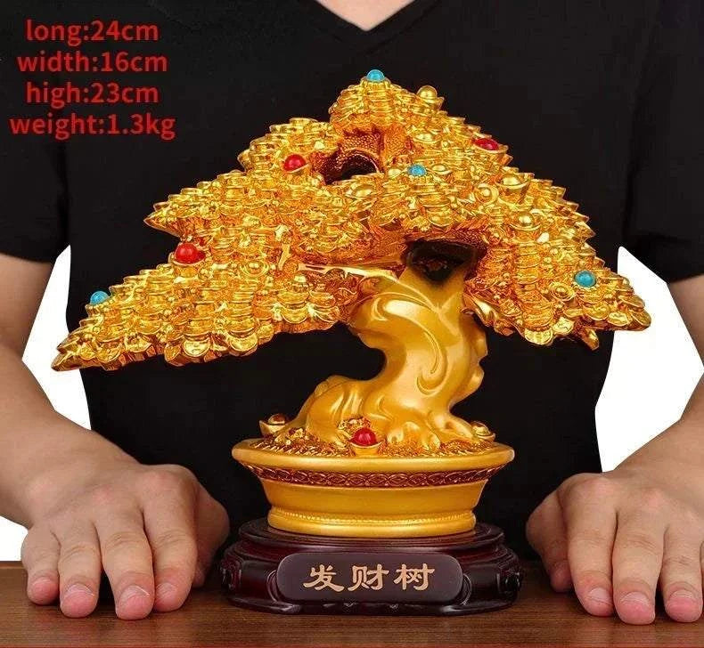 Gold tree-shaped decorative item with measurements and weight displayed
