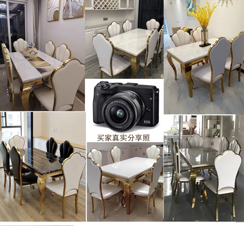 Luxury marble dining table with gold base, seats 6, showcases elegant Italian style in various settings.