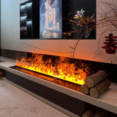 Smart electric fireplace with remote control showcasing realistic flames and modern design in a stylish living room.