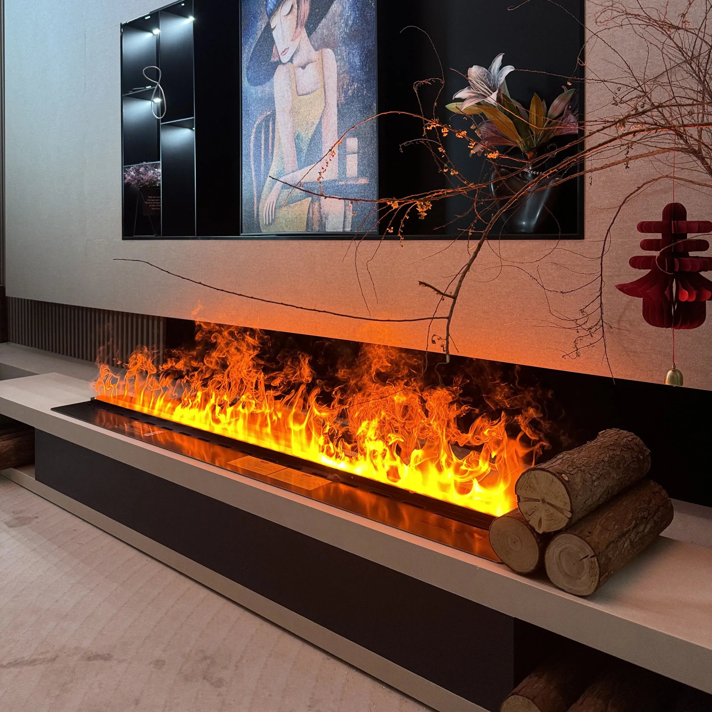 Smart electric fireplace with remote control showcasing realistic flames and modern design in a stylish living room.
