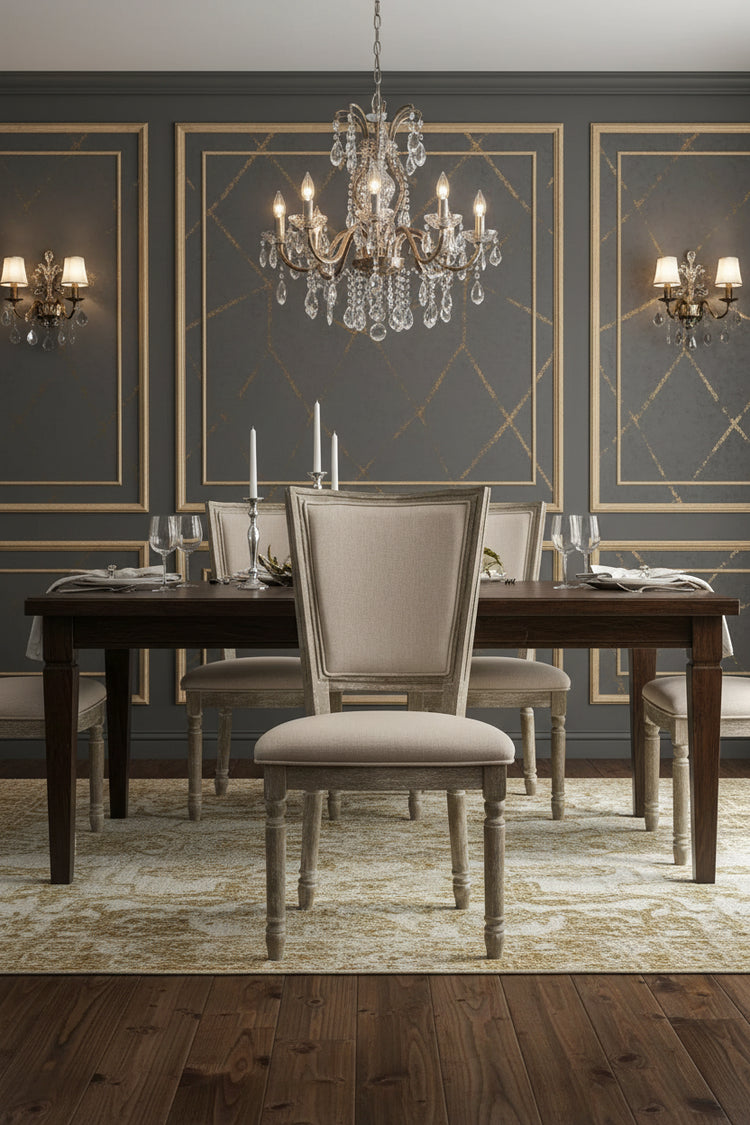 Vintage-style chair with wooden legs and upholstered seat in a dining room setting and a chandelier above