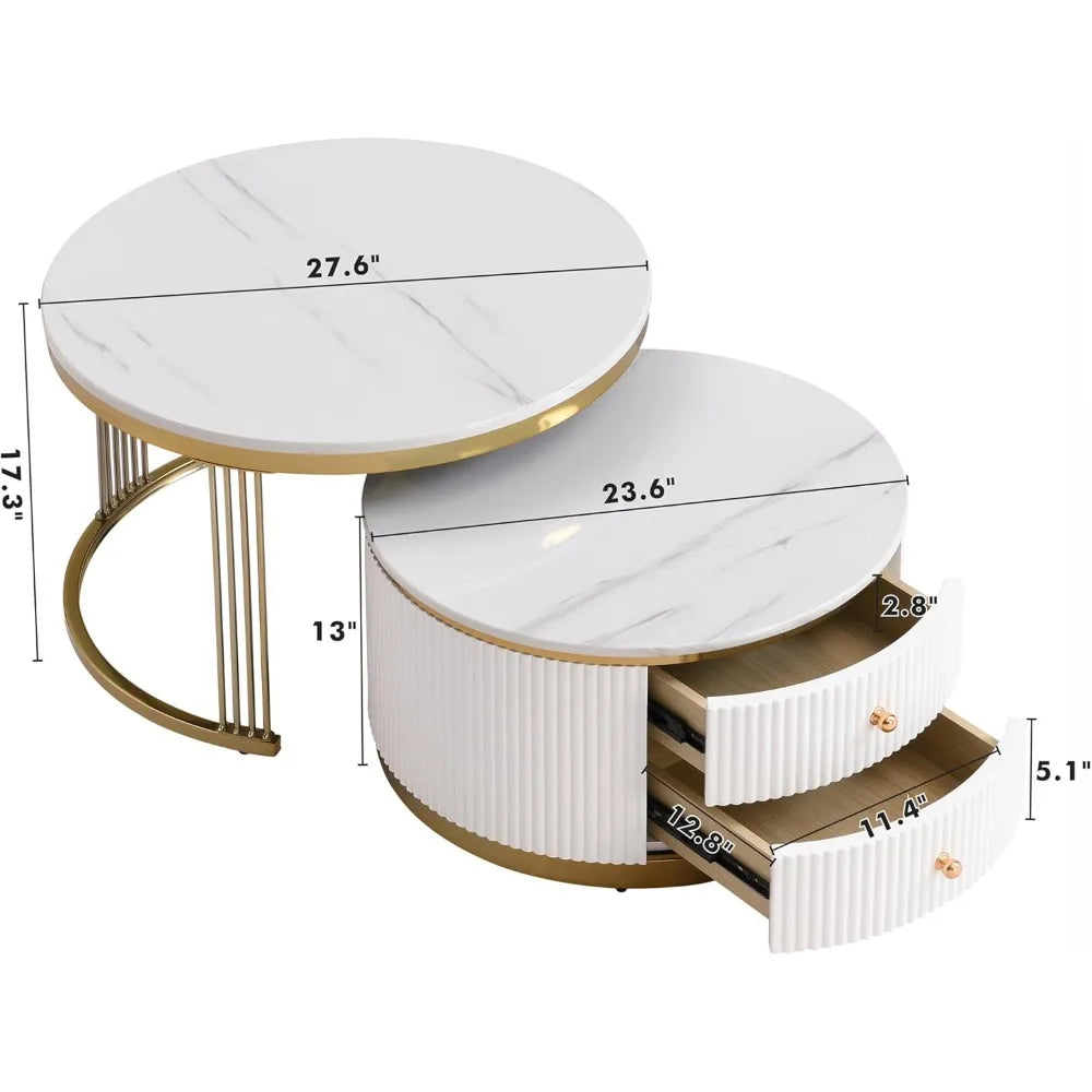 Modern 27.6" Two-Tier Round Nesting Coffee Tables with Drawers in Gold and White