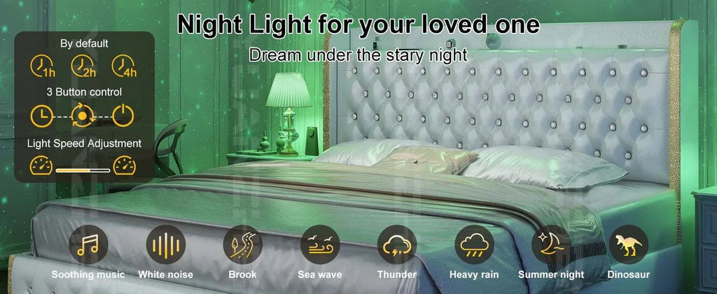 Bedroom scene with night light control panel and bed in the background