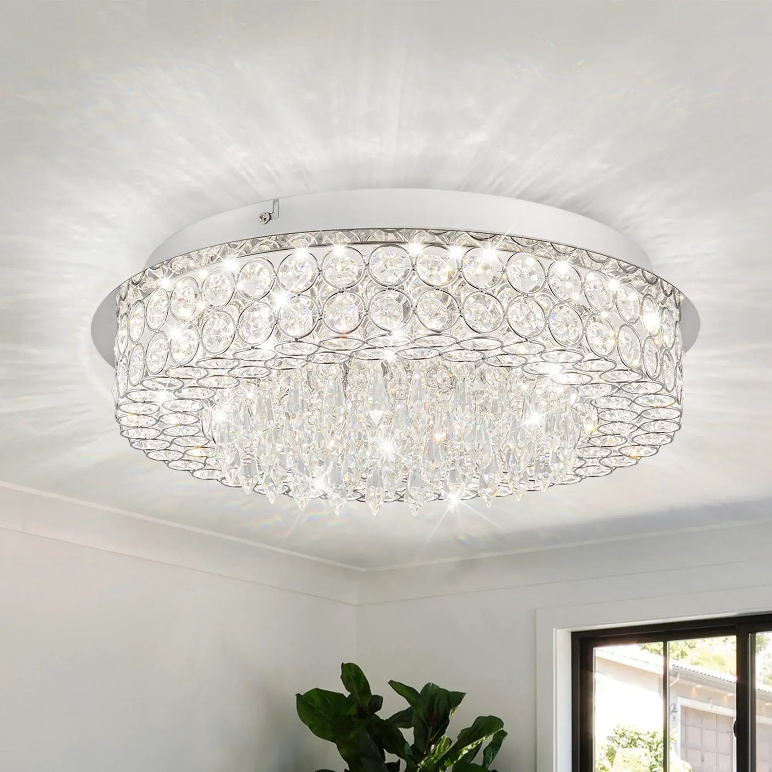 Crystal ceiling light fixture in a room with a plant and window.