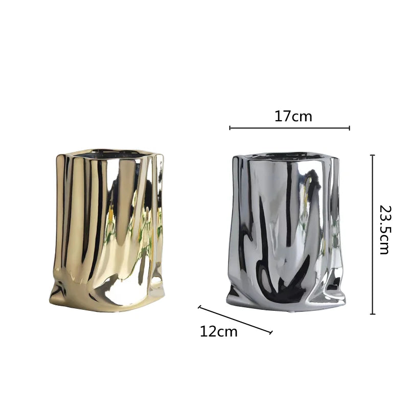 Silver Ruffled Flower Vase Porcelain Ceramic