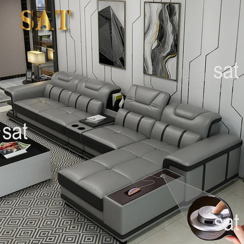 A Nordic Leather Sofa Combination Of Simple Modern Solid Wood Living Room Corner Sofa Multi-functional Storage Sofa Bed - view 4