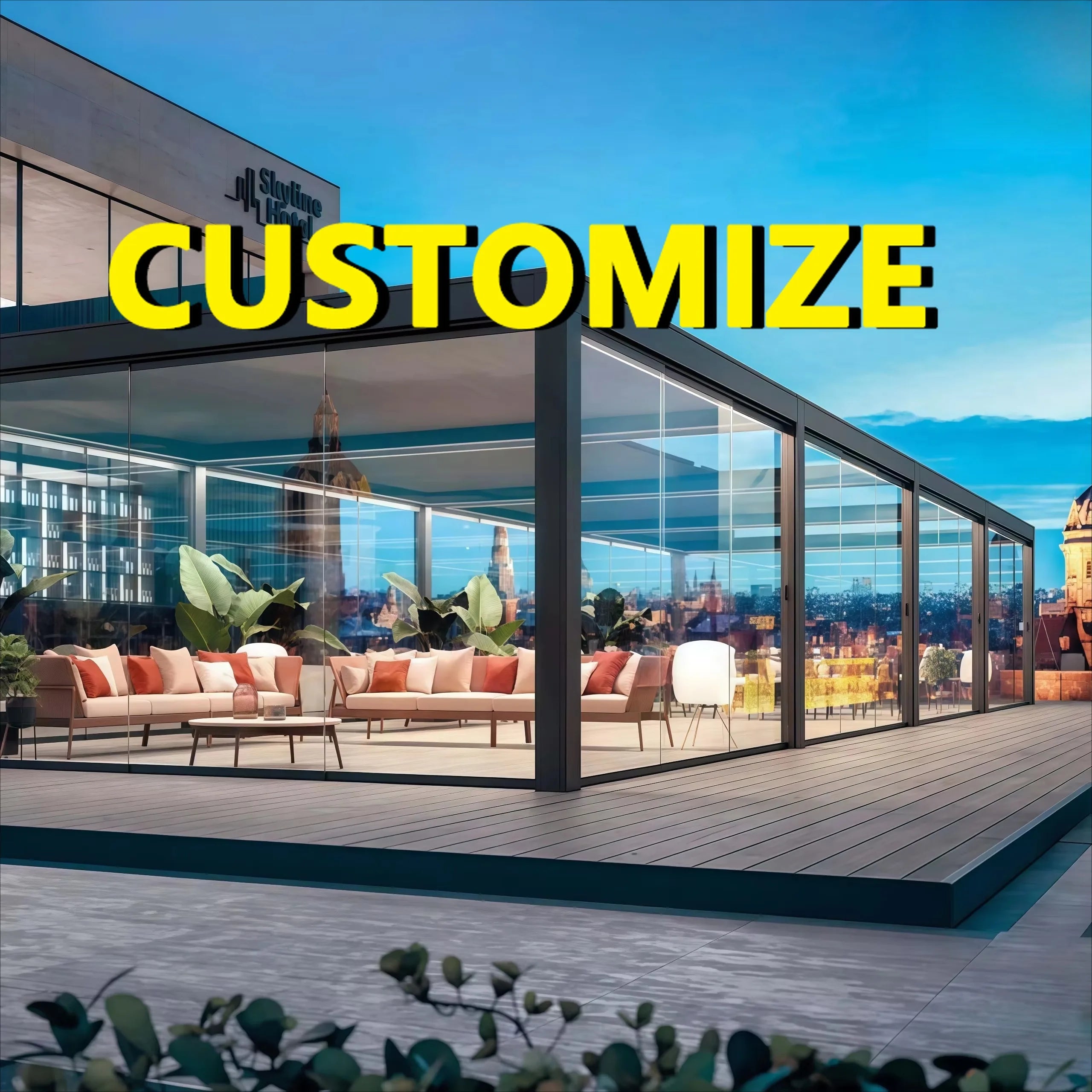 Custom aluminum pergola outdoor cover with modern glass enclosure for enhanced outdoor living.