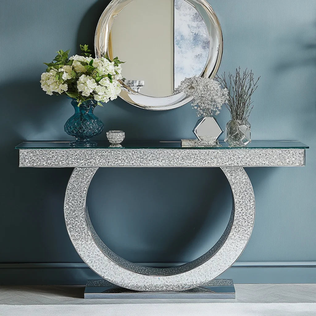 Crushed Diamond Mirror Console Table | Sculptural Arch Base | Glam Entryway Furniture - view 16