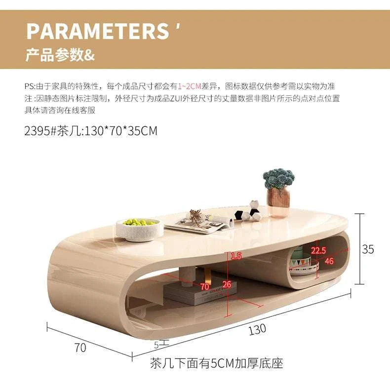 Wooden coffee table with dimensions labeled on a white background