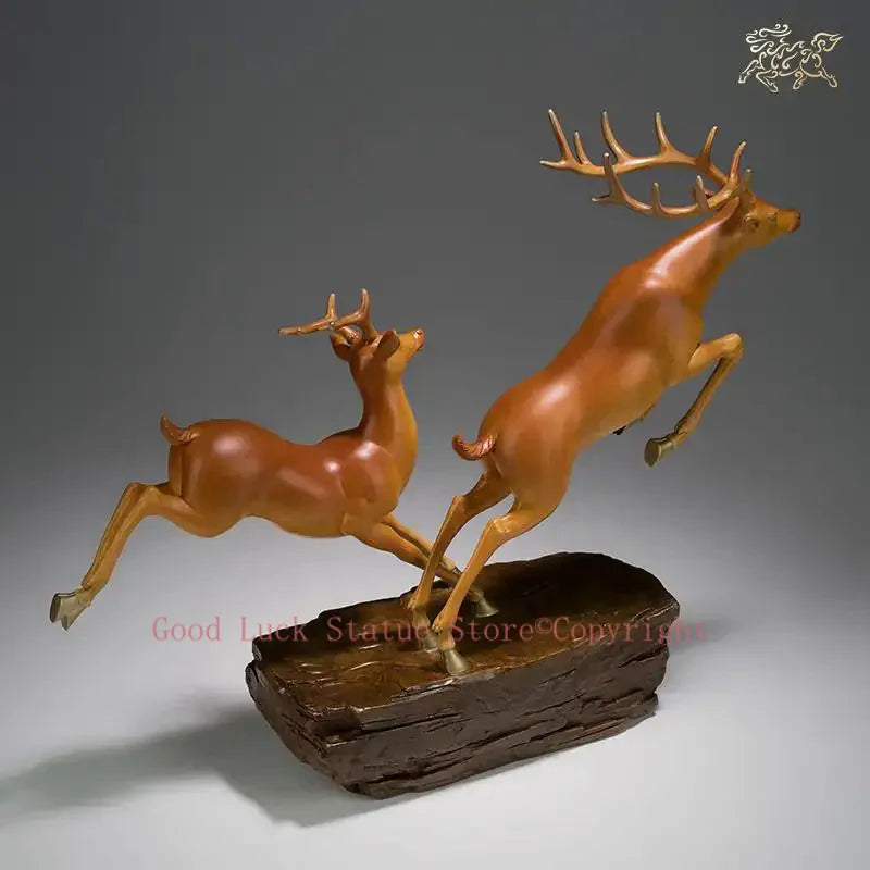 Hand-Engraved Brass Fu Lu Shou Deer Sculpture | Limited Edition Auspicious Art