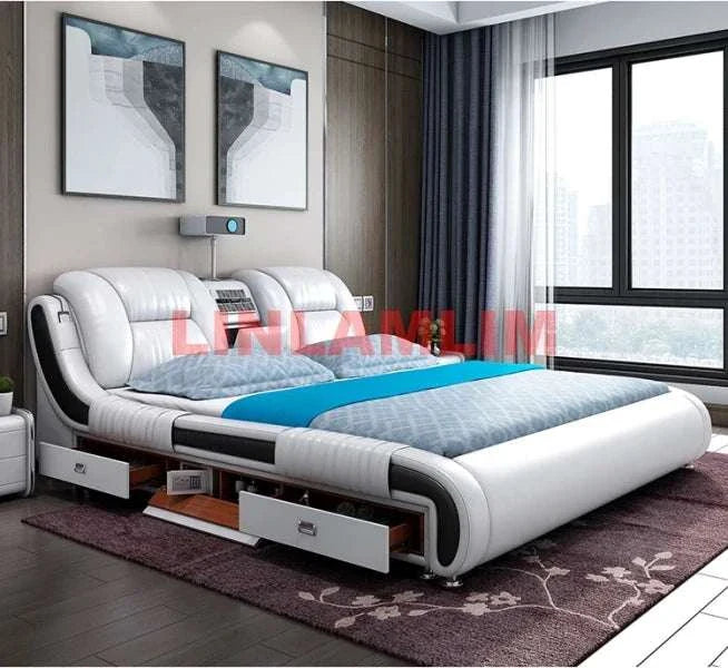 Modern genuine leather bed with massage, Bluetooth, air cleaner, and projector features in stylish bedroom setting