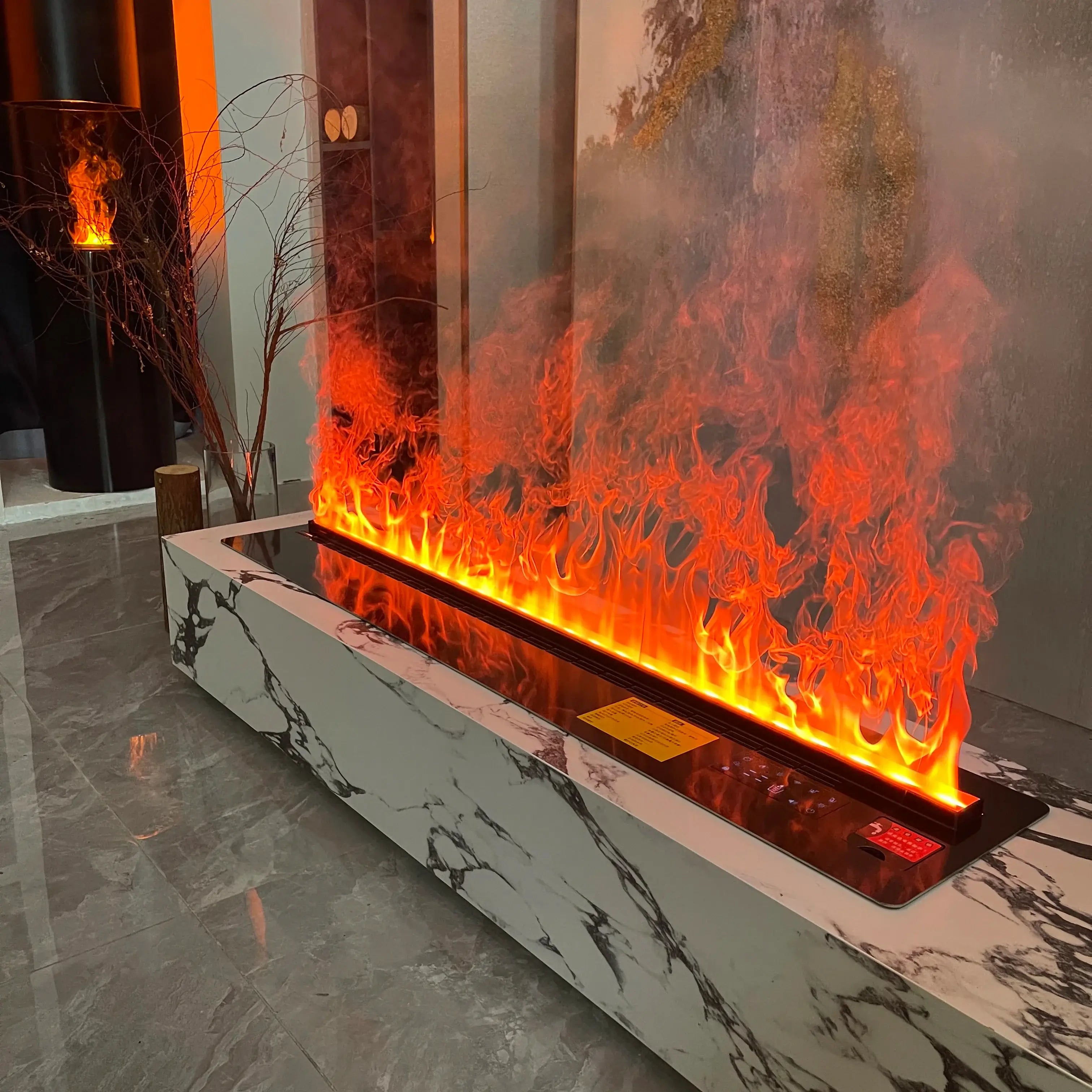 Smart electric fireplace with remote control showcasing a vibrant 3D steam flame effect and colorful LED lights.