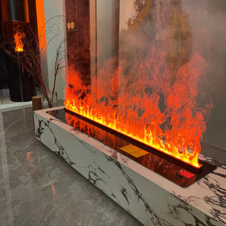 Smart electric fireplace with remote control showcasing a vibrant 3D steam flame effect and colorful LED lights.