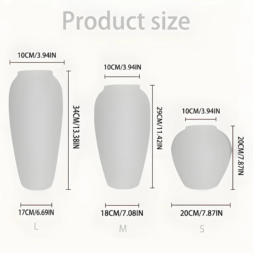 White ceramic vases with measurements on a white background
