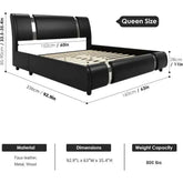 Modern faux leather platform bed frame dimensions and specifications, including queen size and weight capacity.