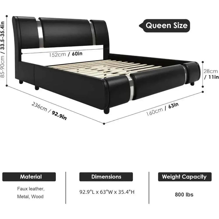 Modern faux leather platform bed frame dimensions and specifications, including queen size and weight capacity.