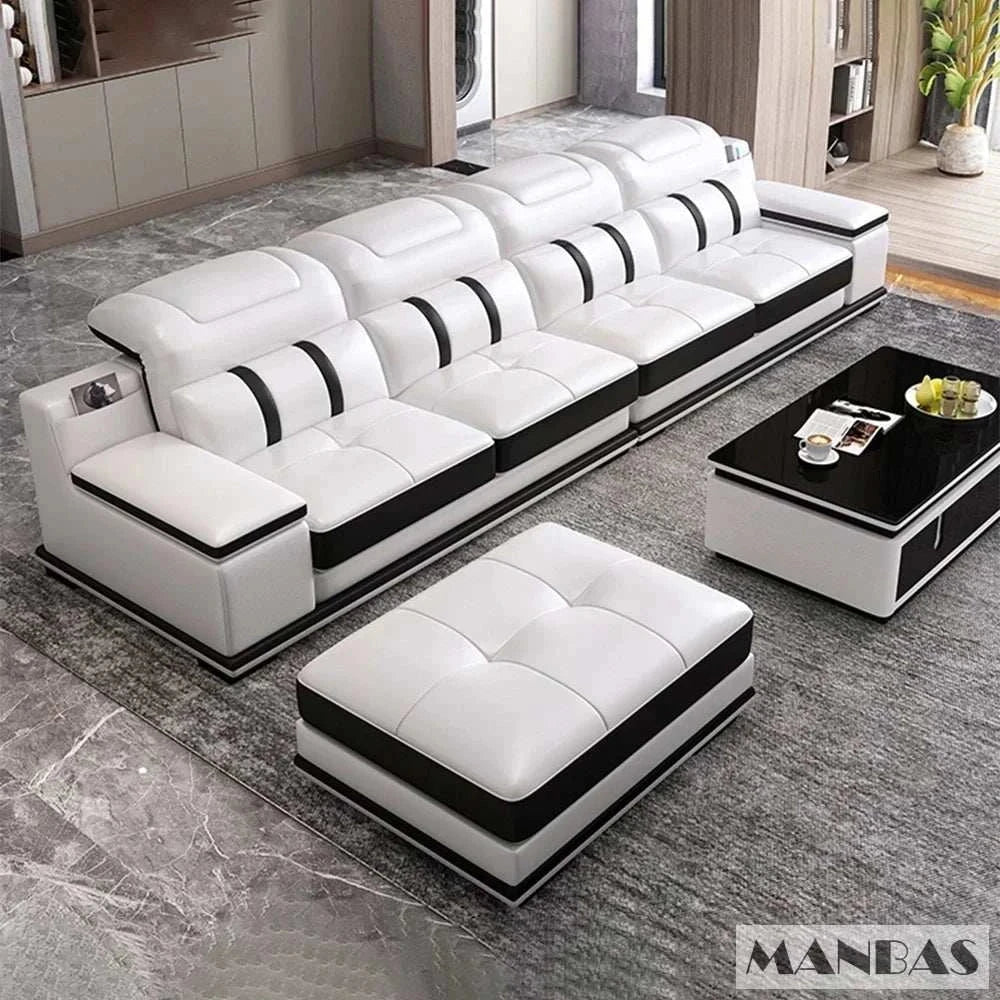 Modern Genuine Leather Sofa with Bluetooth speakers, USB ports, and adjustable headrests in white and black Italian design