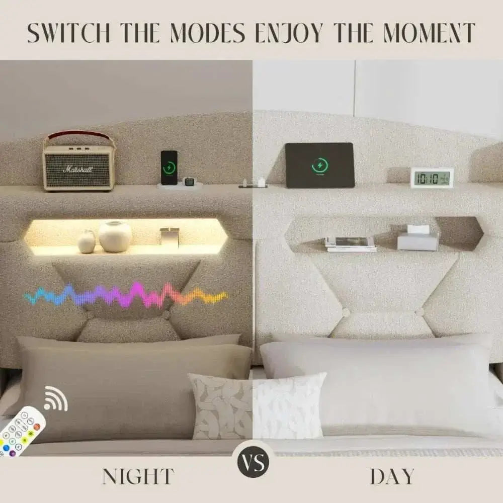 Boucle bed frame with storage headboard, LED lighting, and USB charging station in modern upholstered design