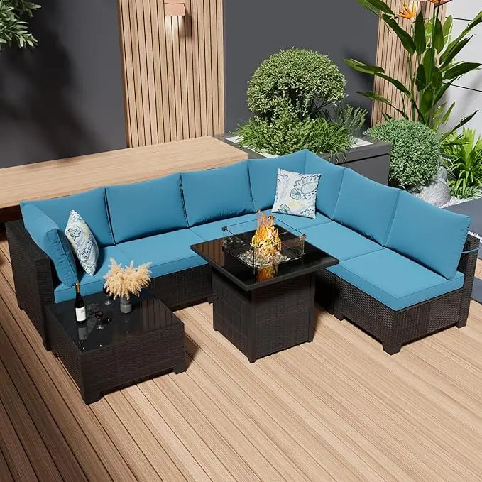 8 Pcs Patio Furniture Set with Fire Pit Table