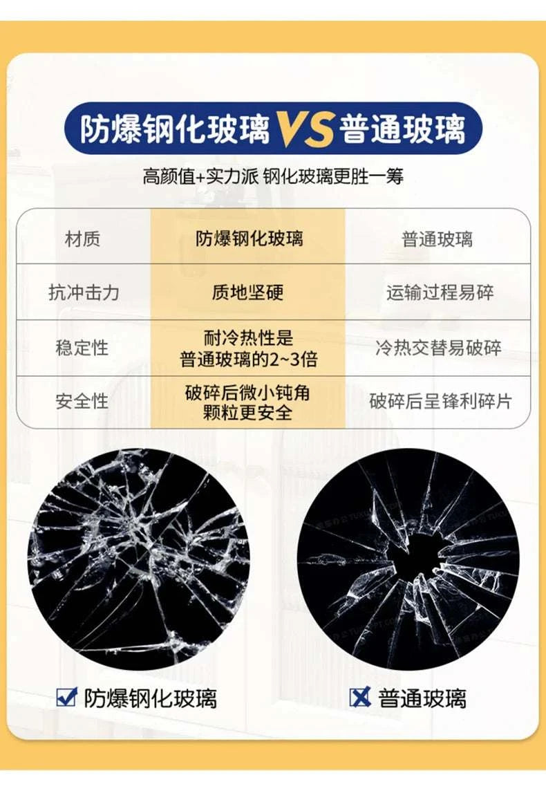 Comparison chart between tempered glass and ordinary glass with visual examples on a yellow background.