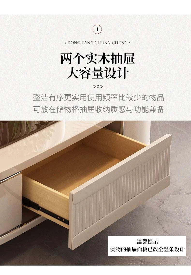 Open wooden drawer with text overlay on a light background