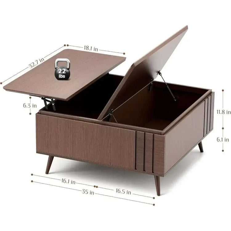 Lift Top Coffee Table with Storage featuring a liftable top and spacious interior measurements.