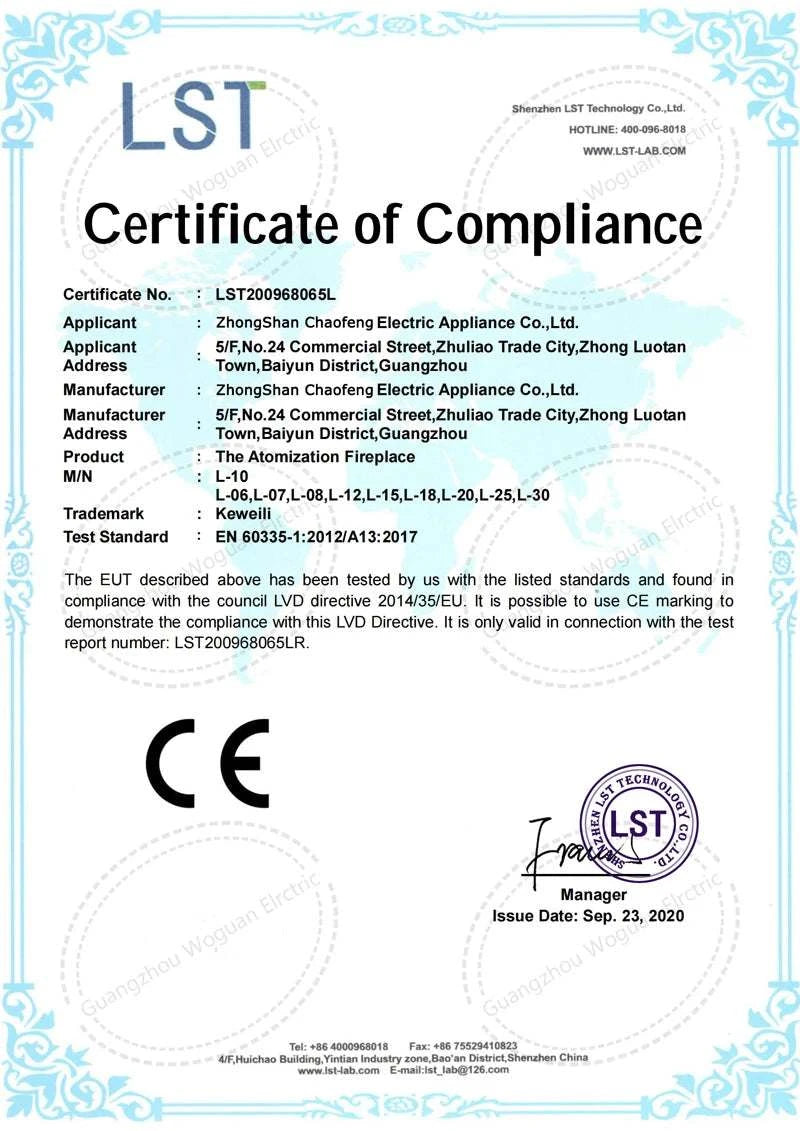 Certificate of Compliance with CE marking and LST logo on a white background