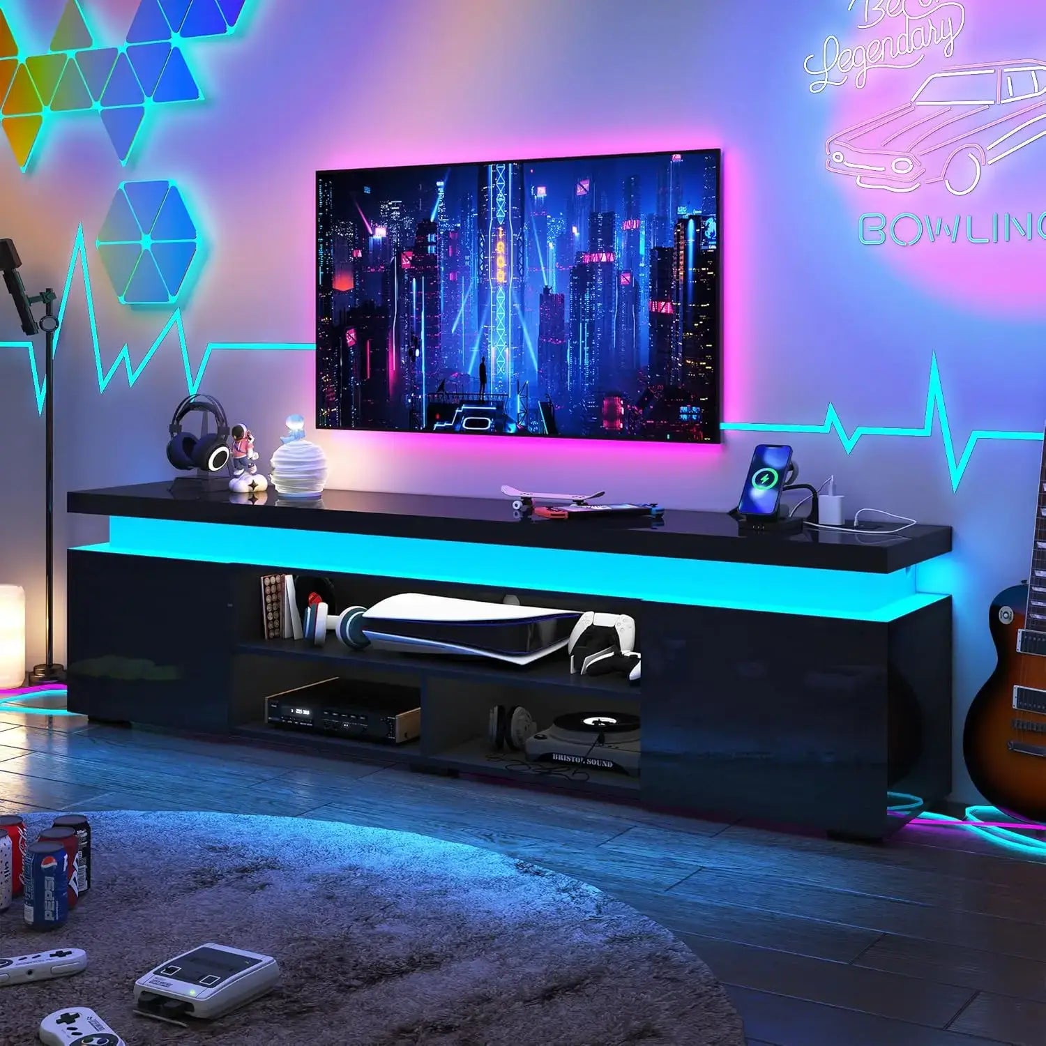 LED TV stand for 85 inch TV showcasing a modern design with colorful LED lights and a built-in power outlet.