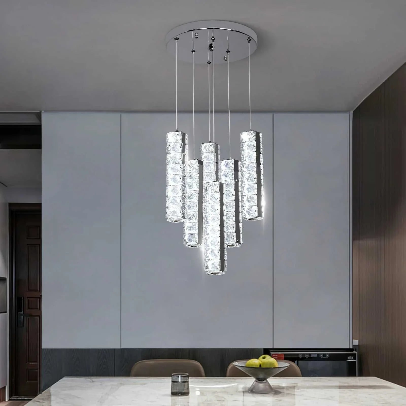 VETRULUS Nordic K9 Crystal LED Chandelier with modern metal and crystal design hanging above dining table
